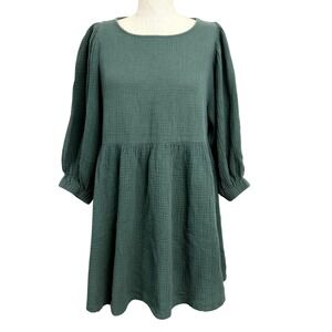 Carly Jean Los Angeles Green Cotton Gauze Babydoll Dress Size Medium Minimalist
